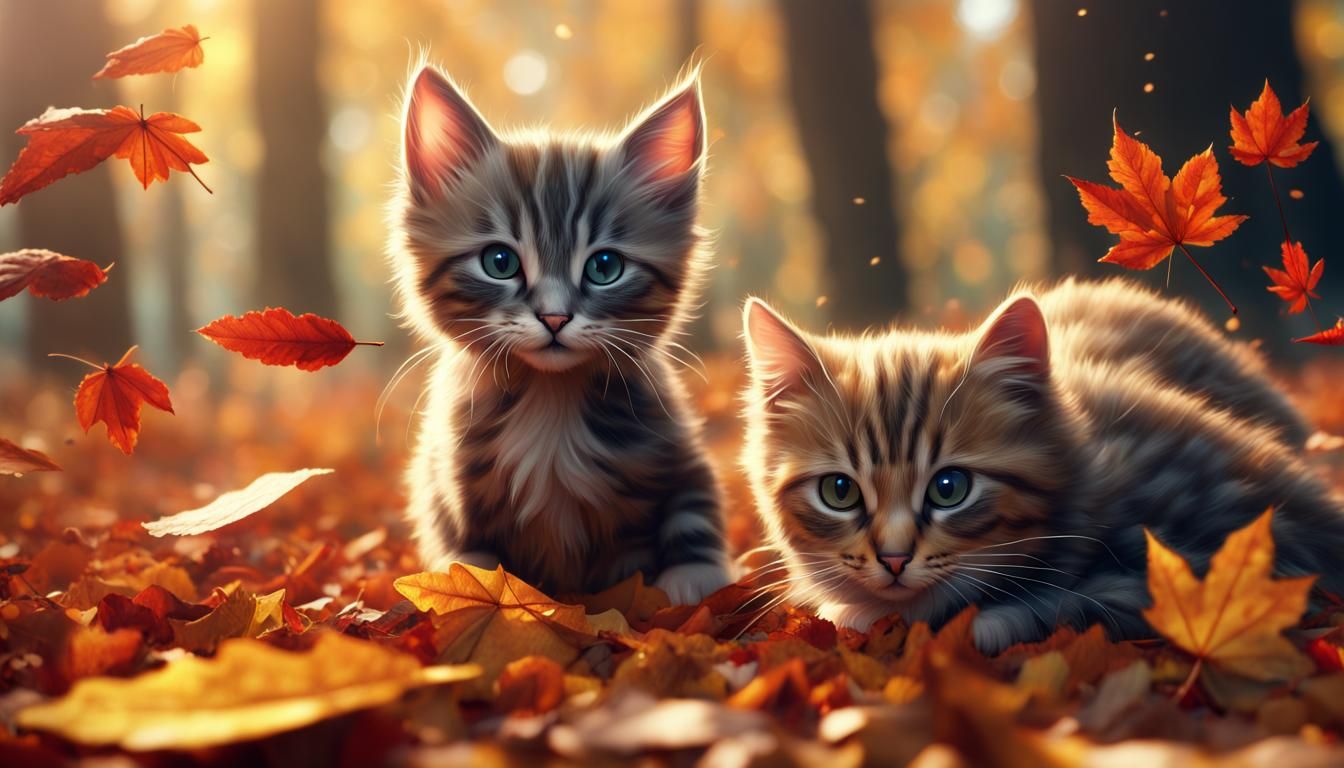 Cats Playing in Autumn Leaves: Fantasy Concept Art