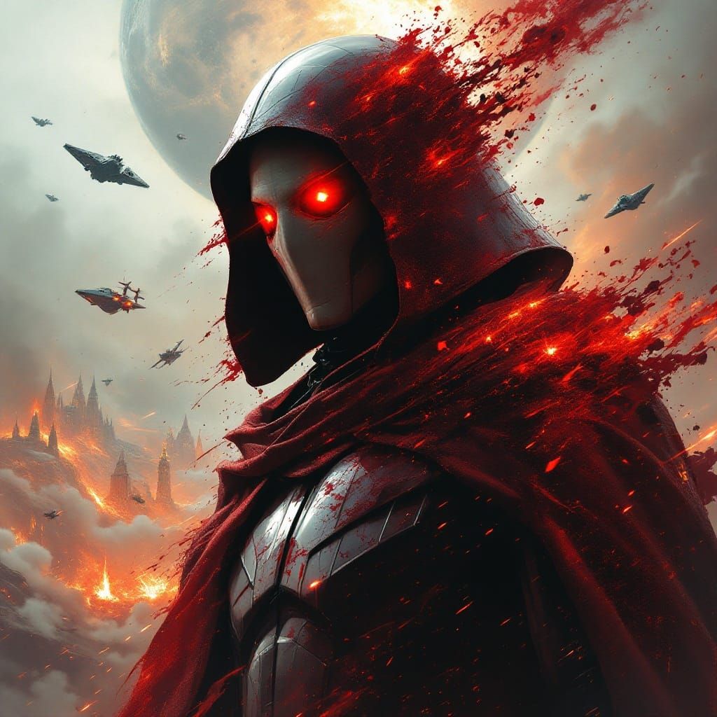 Surreal Sith Lord in Crimson Armor Amidst Apocalyptic Chaos