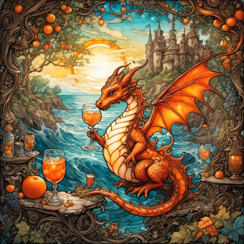 Dragon in Tangerine Sea Cocktail: Vintage Storybook Illustra...