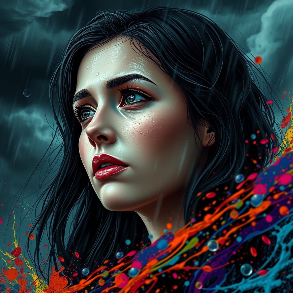 Woman Awaiting Loved One Amidst Stormy Splash Art