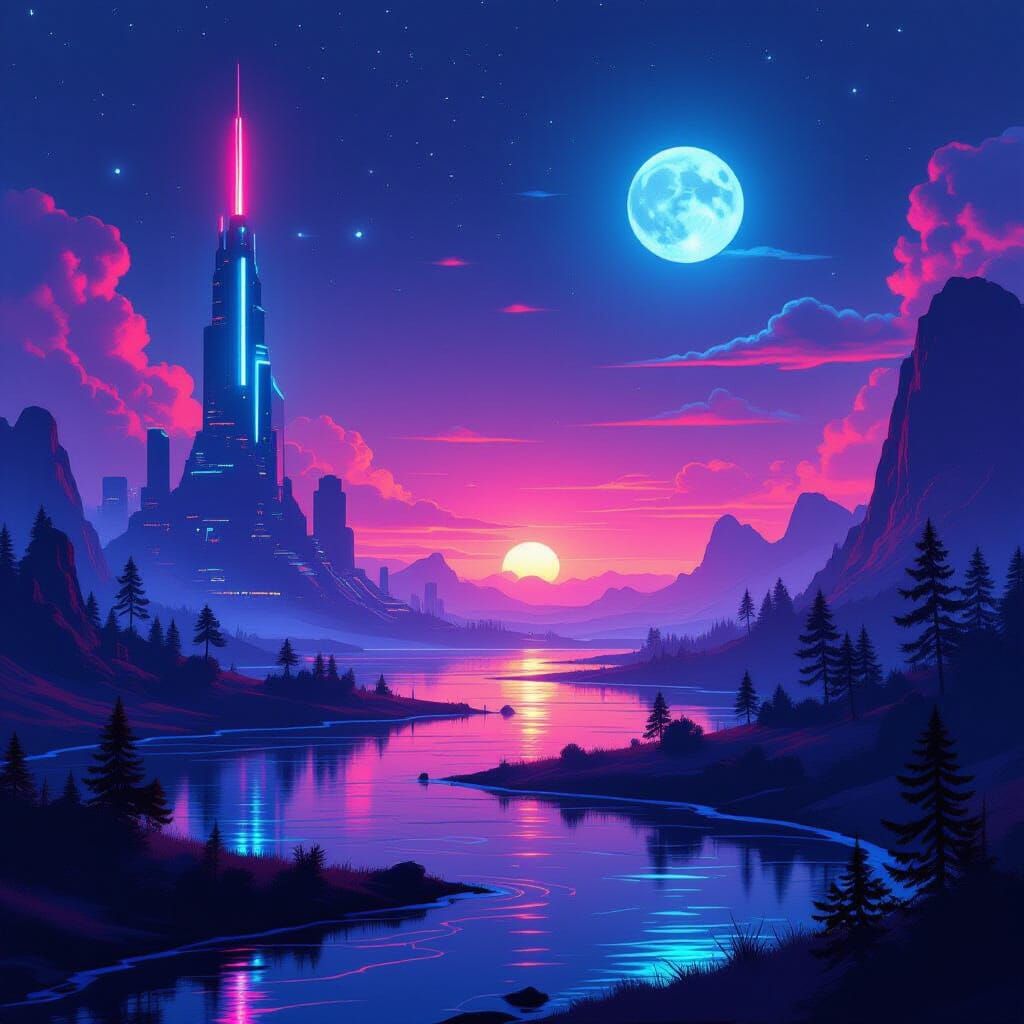 Mysterious Neon Dreamscape: A Surreal Digital Artwork