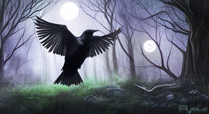 Raven in Haunted Woods Under Full Moon
