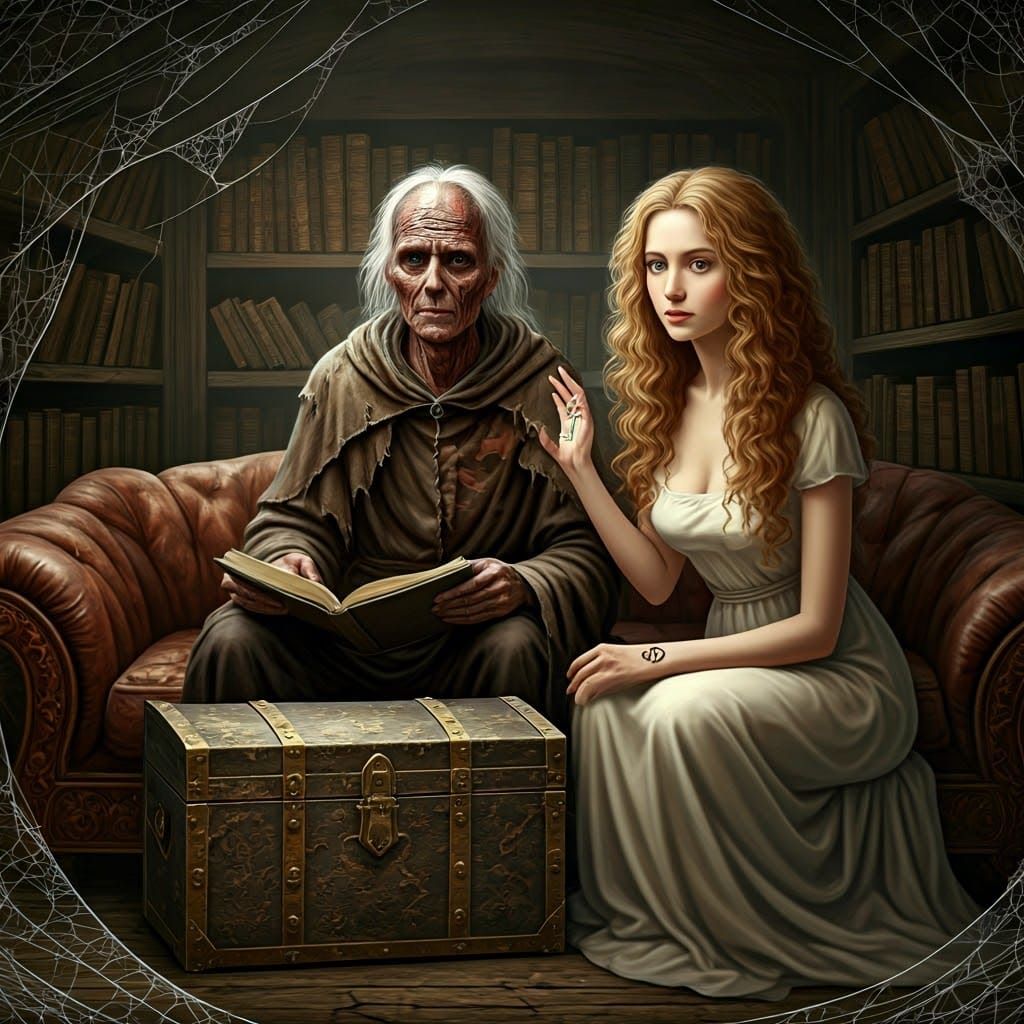 Aged Man in Tattered Cloak Sits in Dimly Lit Shelter