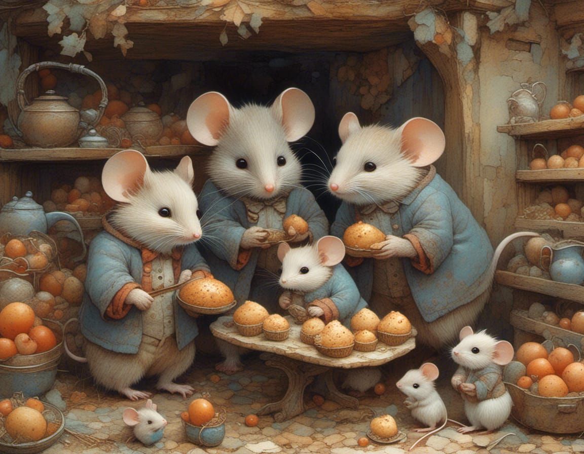 Mouse Family in Bakery, Vintage Children's Illustration