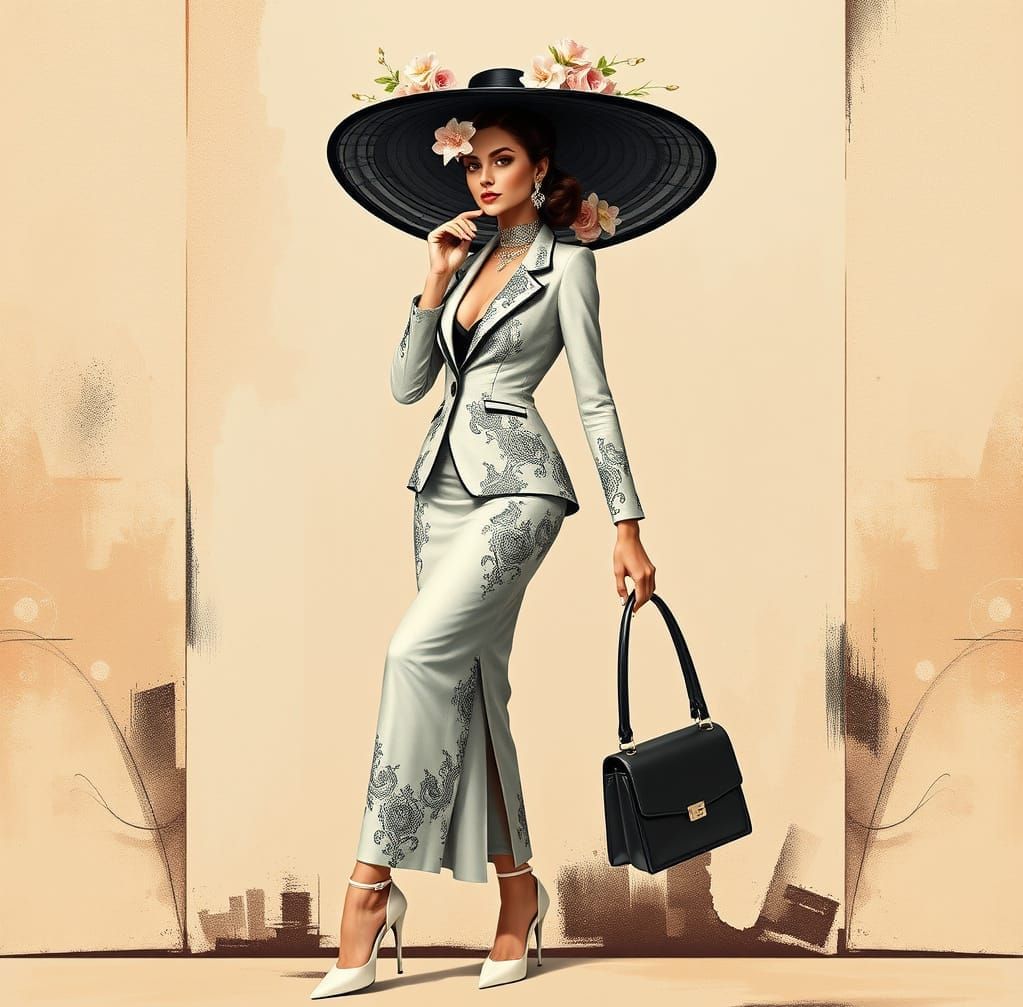 Elegant Woman in Art Deco-Inspired Outfit with Wide-Brimmed ...