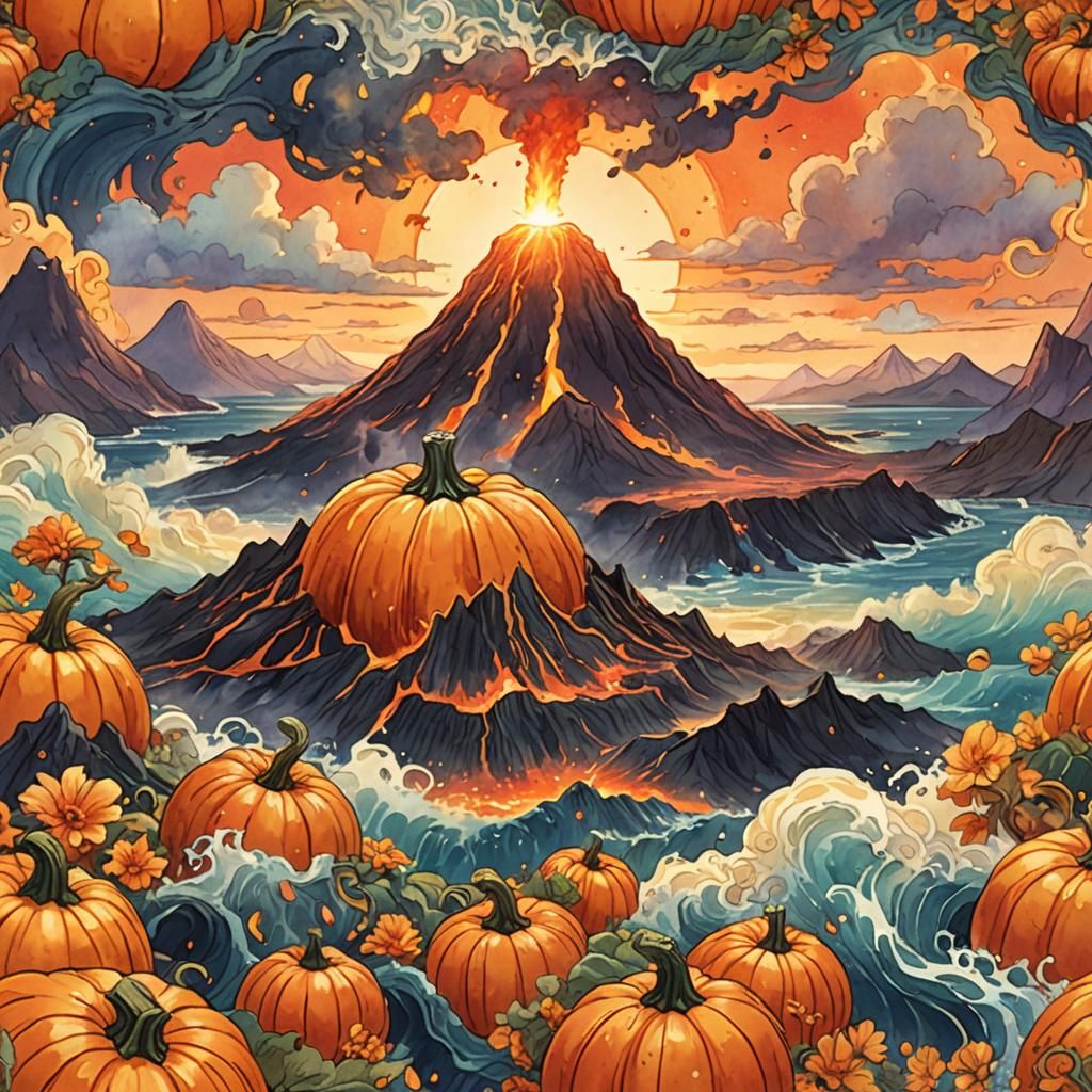 Volcano Erupts in Pumpkin in Anime Style