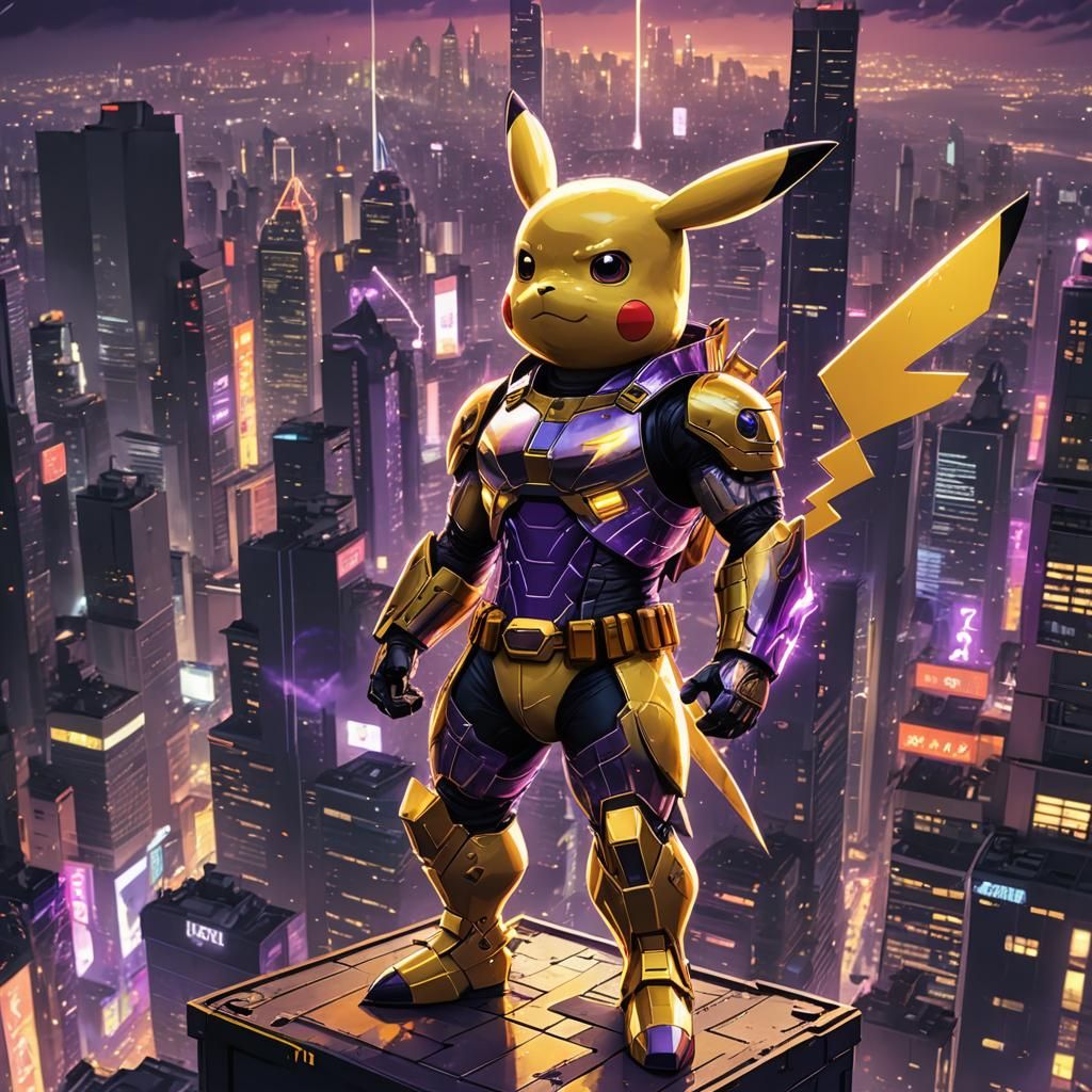 Armored Pikachu on Skyscraper in Neon City