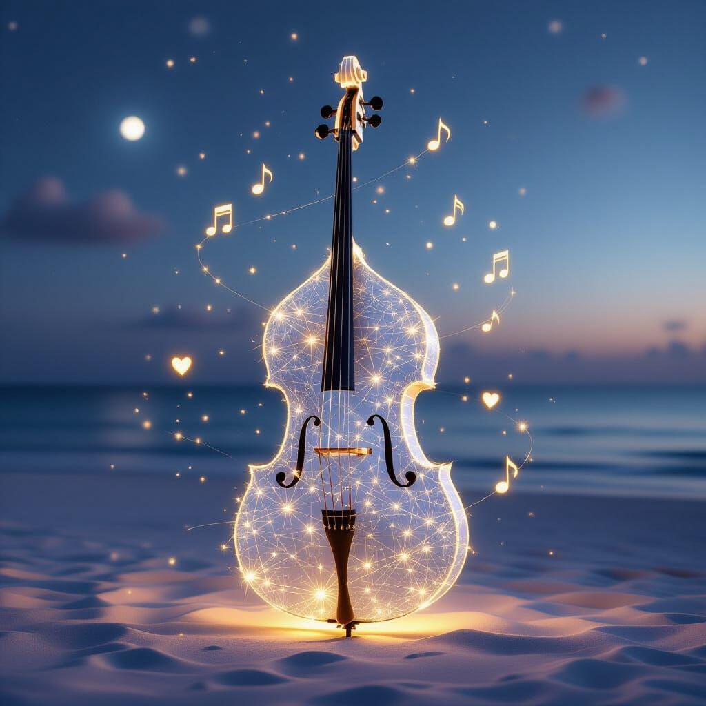 A photograph of an ethereal double bass depicted as a conste...