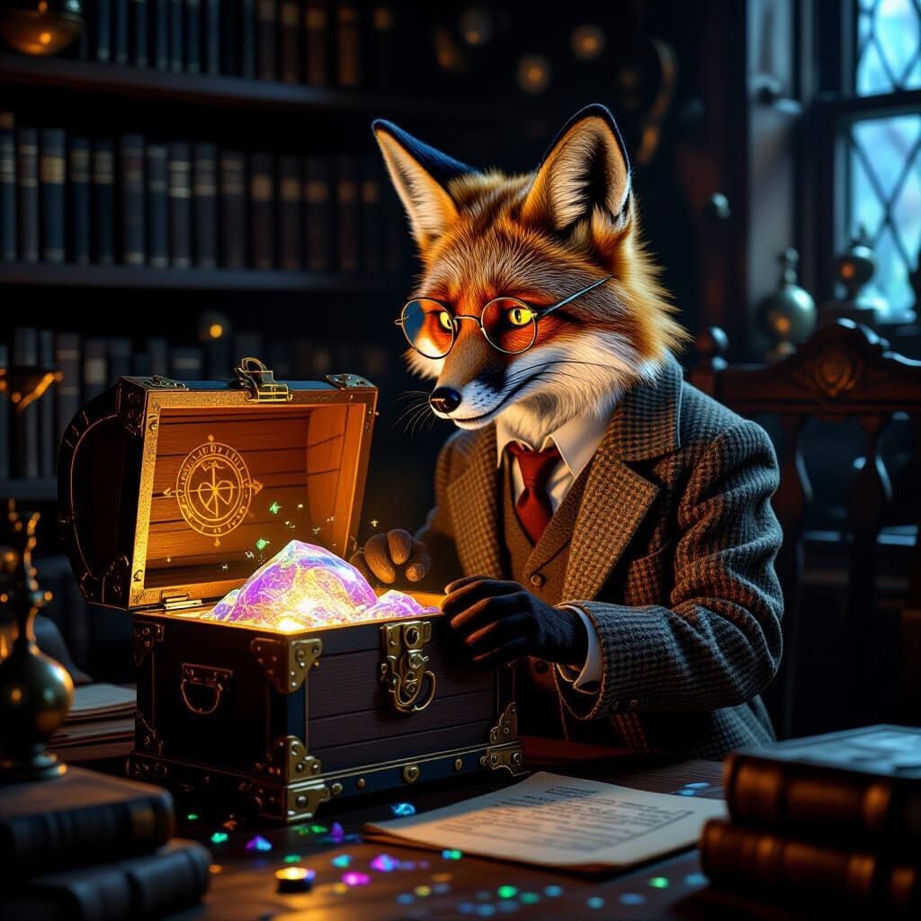 Fox Detective Inspects Glowing Treasure Chest