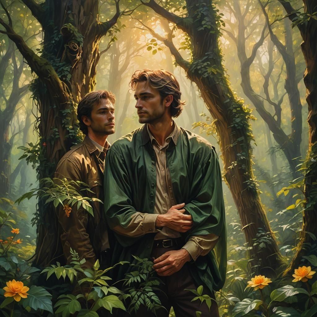 Passionate Encounter in Forest as Oil Painting