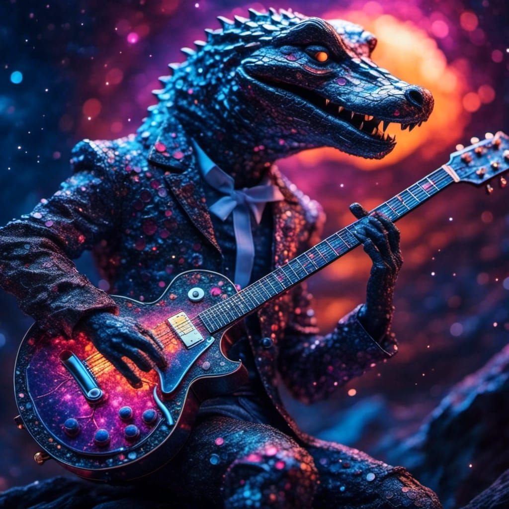 Holographic Alligator Werewolf Guitarist in Cosmic Art