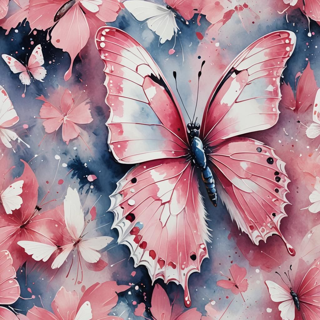 Pink and White Butterfly in Gouache Style