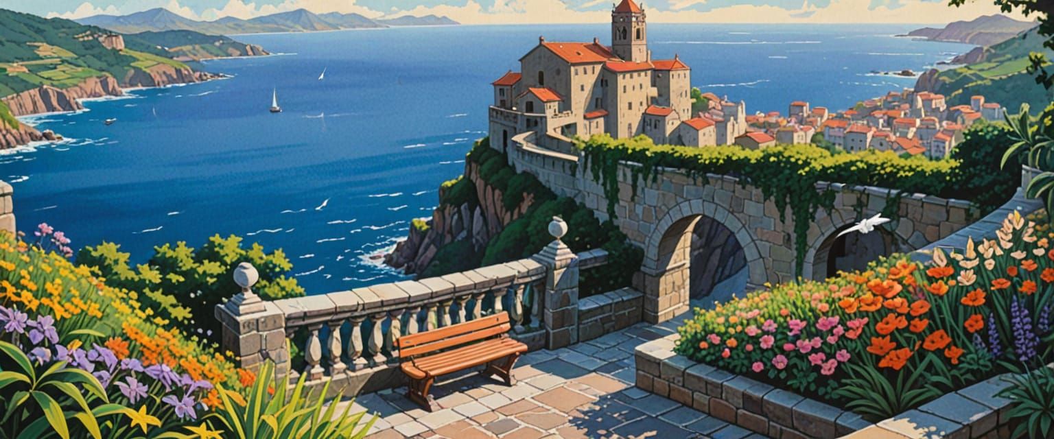 Seaside Vista in Comic Book Style with Watercolor Textures