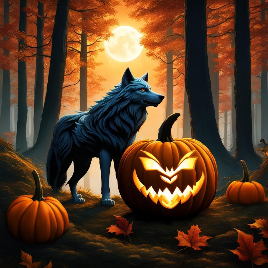 Wolf Pumpkin Carving in Detailed Matte Painting Style