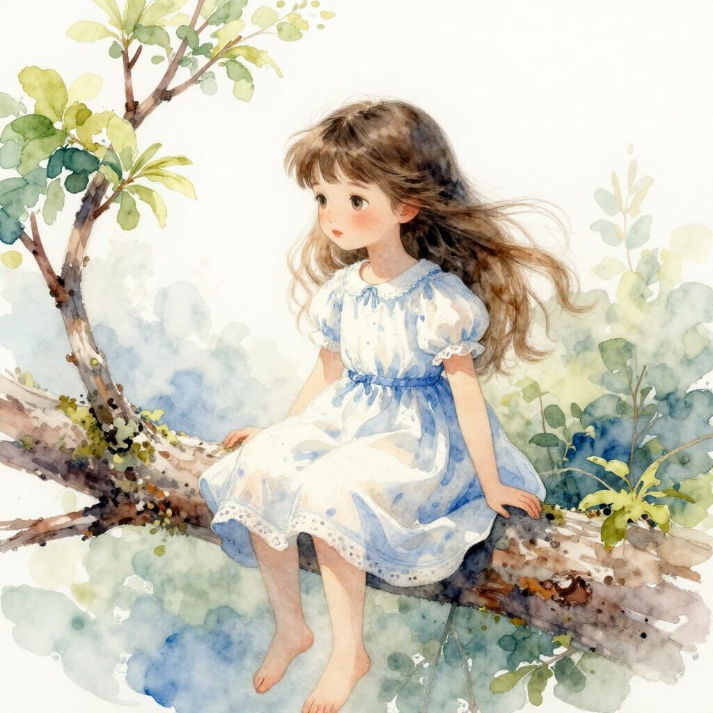 Young Girl in Fir Branch Dress, Watercolor Style