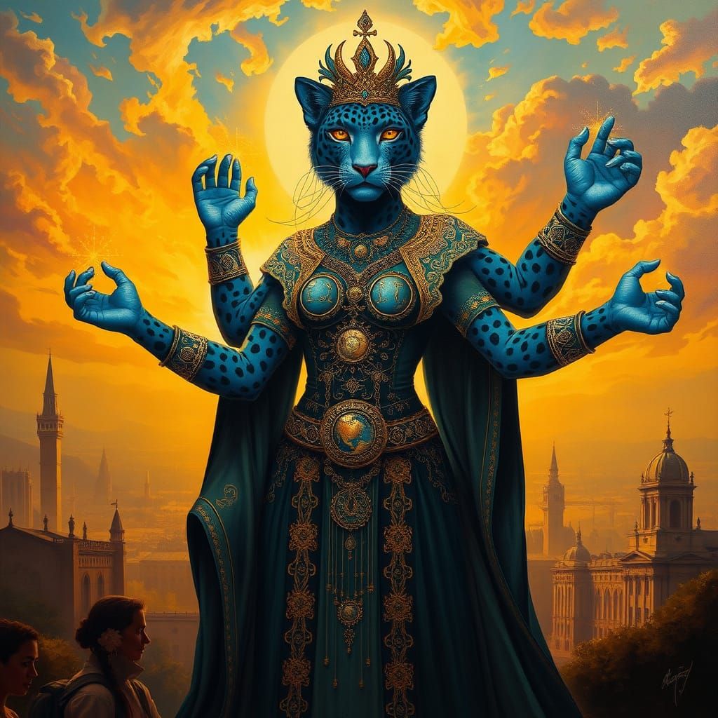 Regal Blue Leopard Woman in Art Nouveau Style