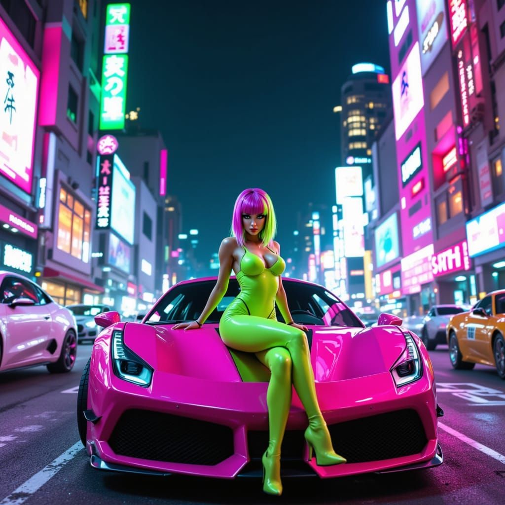 Electric Pink Ferrari Dominates City Street in Cyberpunk Sty...