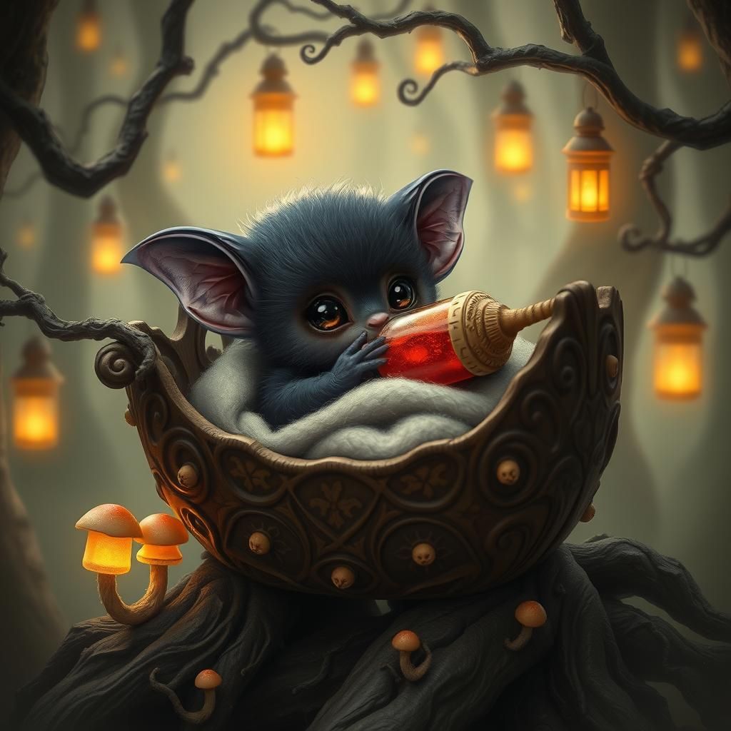 Cute Vampire Bat Baby in Eerie Forest