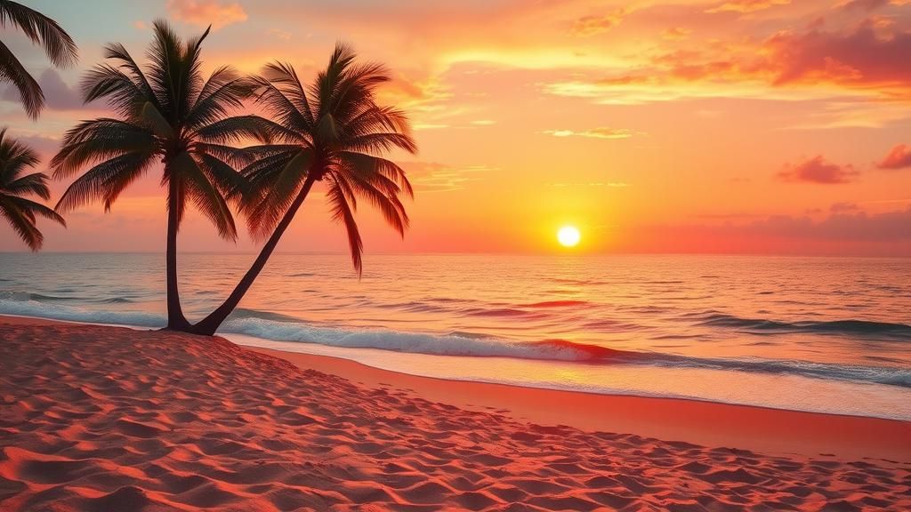 Vibrant Orange Sunset Over Tranquil Beach Scene
