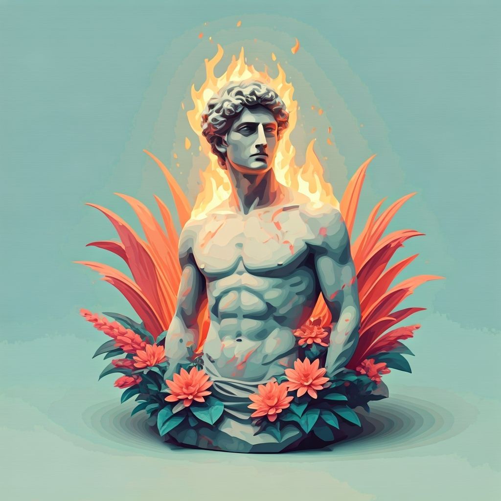 Flaming Man Sculpture with Flowers in 3D Vector Art