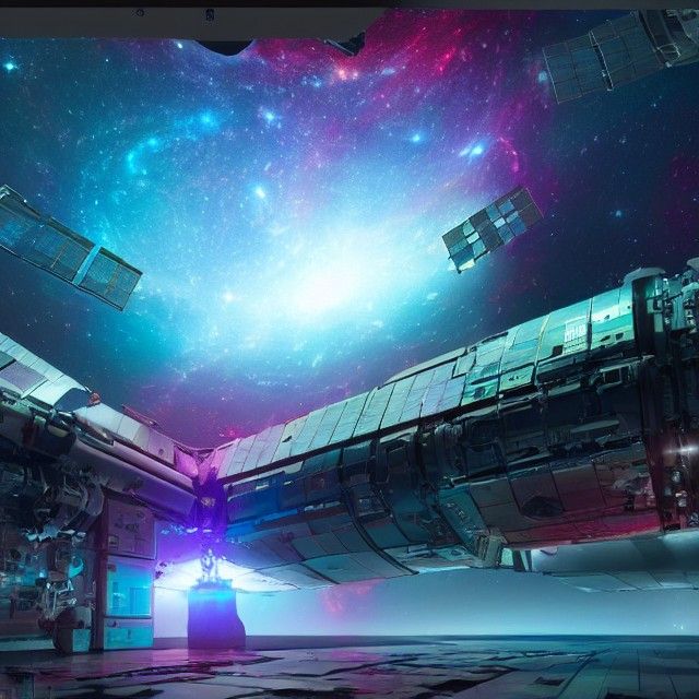 Colorful Space Station Amidst Nebula and Galaxy