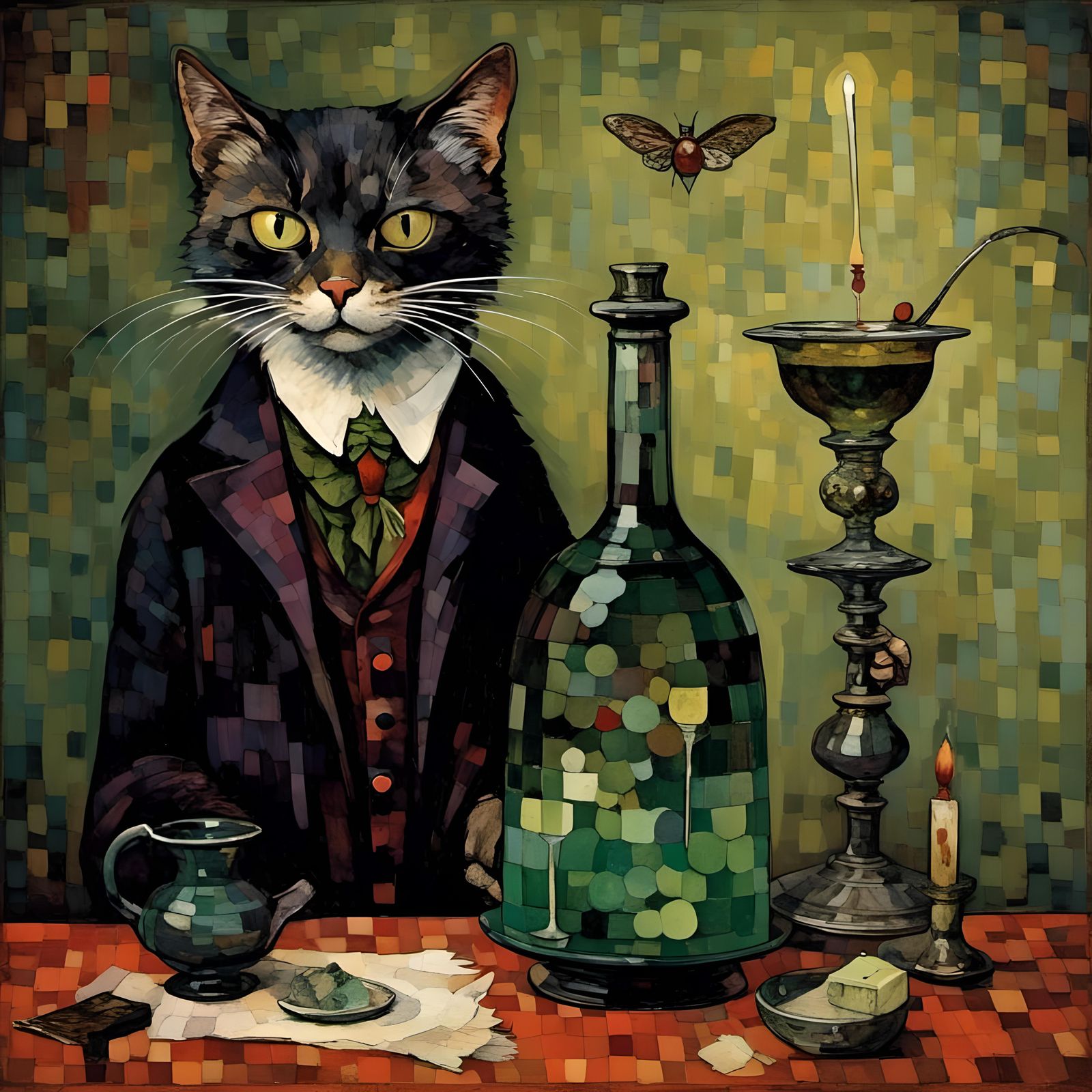 Gothic Vampire Cat with Absinthe in Victorian Style
