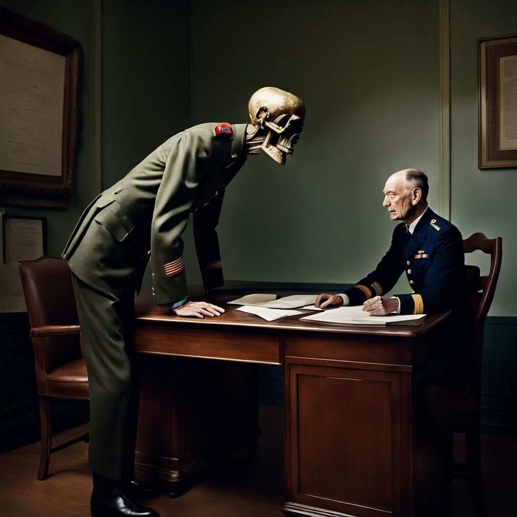 Sinister Giant Climbs Over Desk: Cinematic Photograph