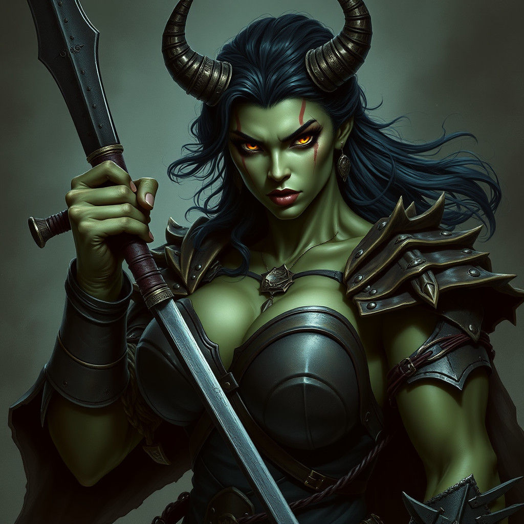 Sensual Orc Warrior Woman with Axe, Dark Fantasy Art