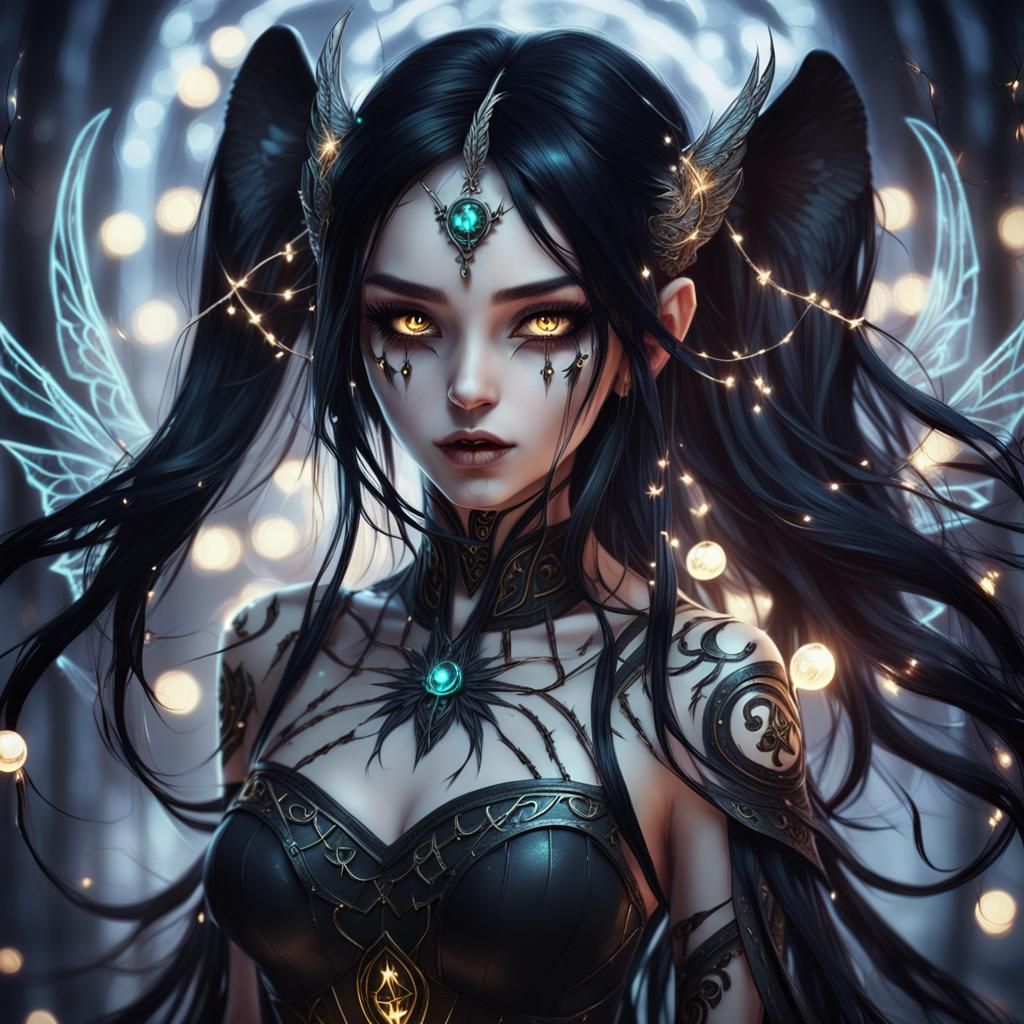 Beautiful Demon Girl with Glowing Runes and Fairy Lights
