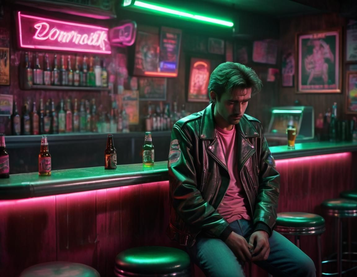 Lonely Man at Bar in 80s Neon Style