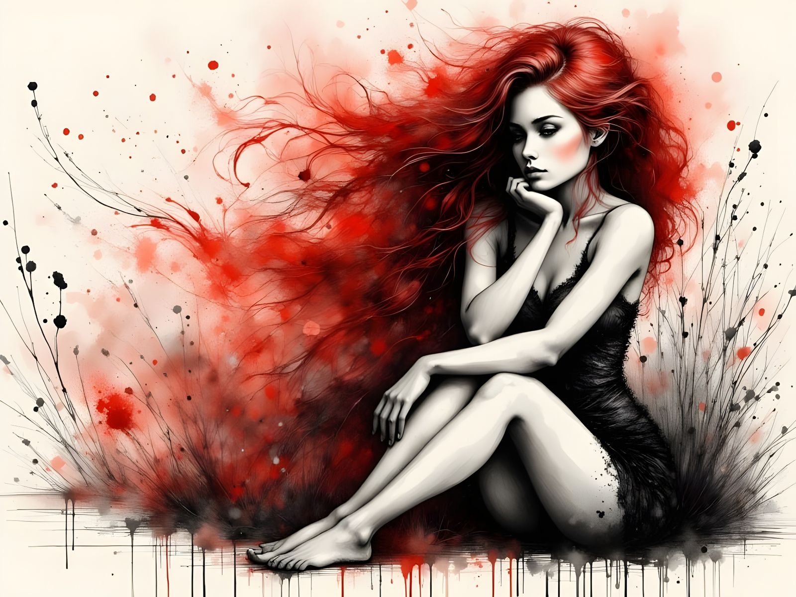 Pensive Norse Goddess Portrait in Ink