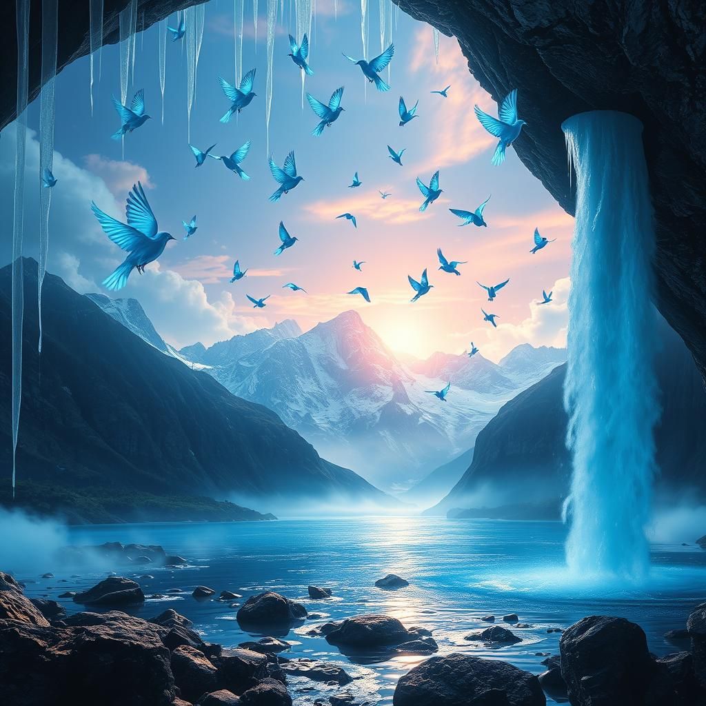 Surreal Waterfalls Ascend to Luminous Sky