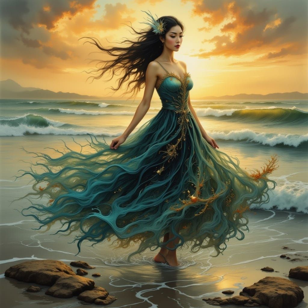 Woman on Misty Beach in Art Nouveau Style