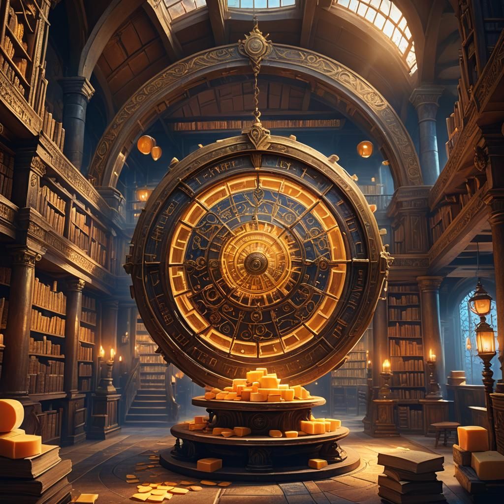 Mystical Library: Glowing Cheese Wheel Concept Art