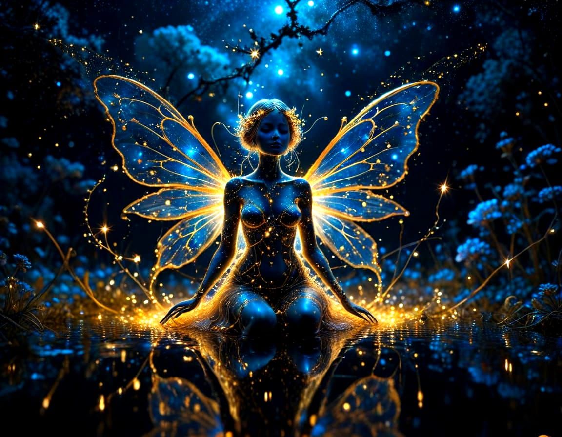 Tiny Fairy on Luminescent Blossom Under Starry Sky