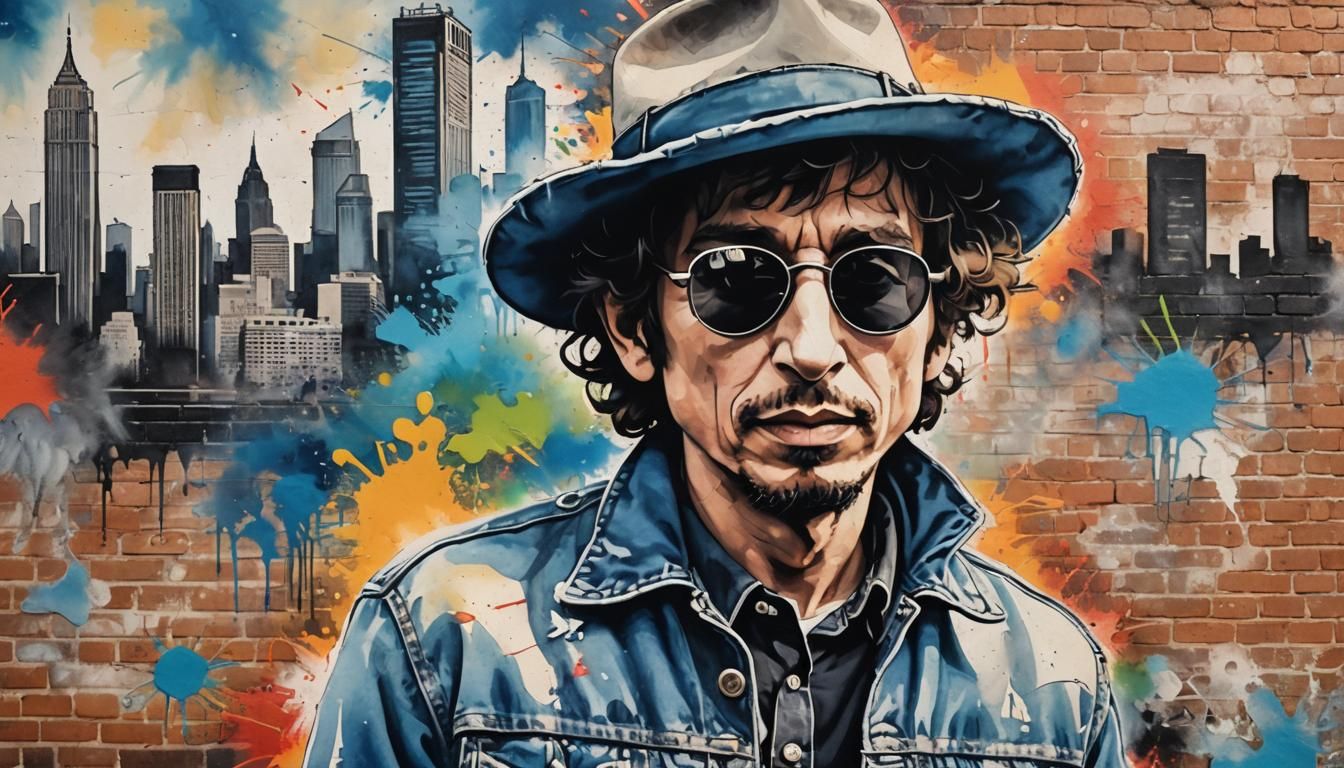 Bob Dylan Pop Art Watercolor Portrait with Skyline