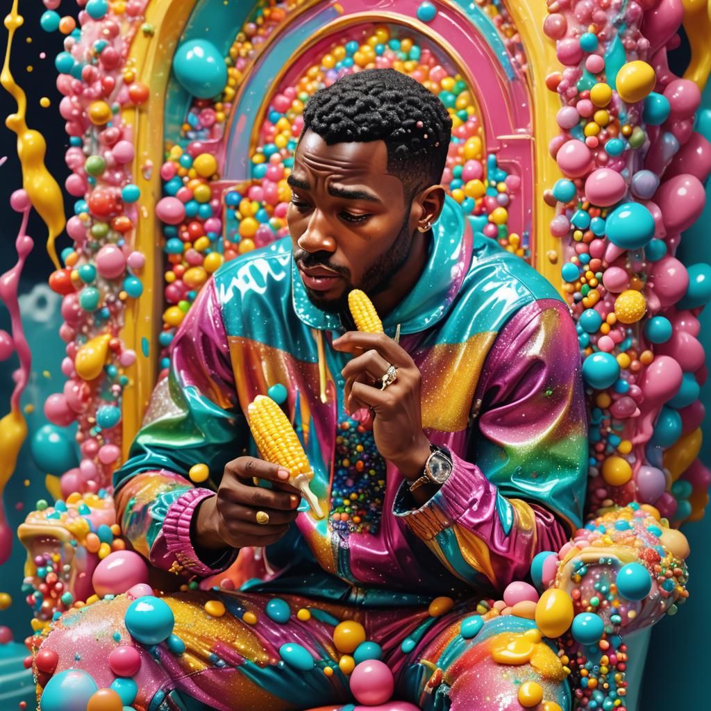 Surreal Kiss: Man, Corn, and Retro Throne in Candy Art