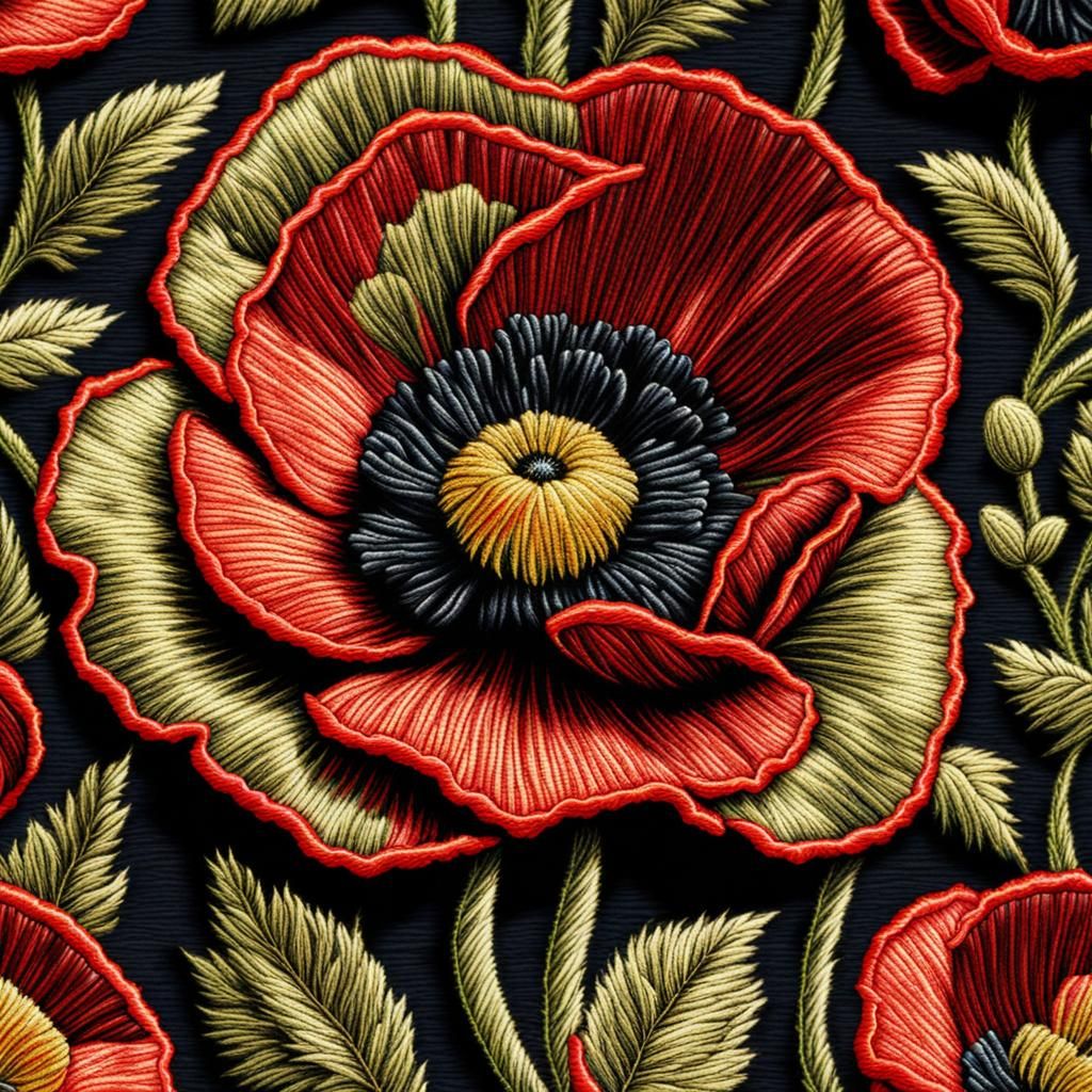 Hyperrealistic Embroidered Red Poppy Close-up
