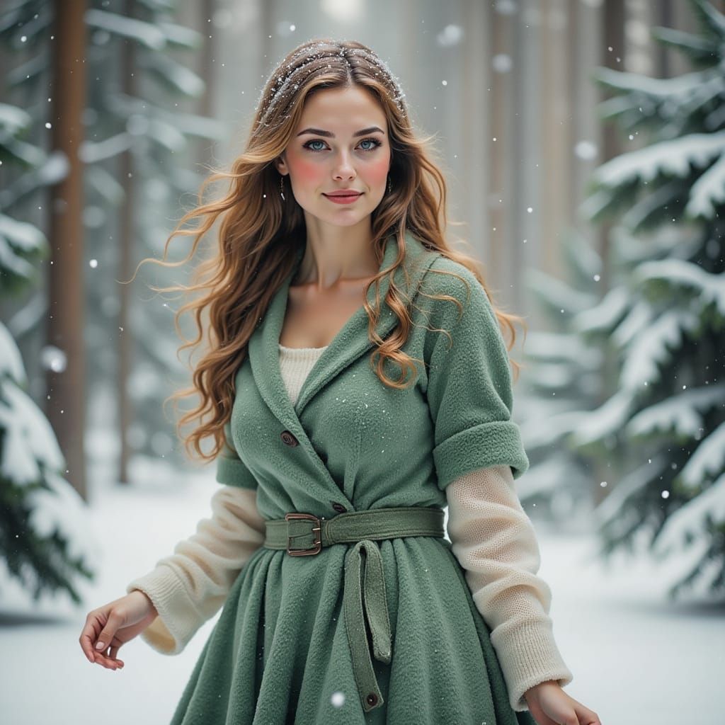 Woman in Green Snowsuit in Snowy Winter Landscape