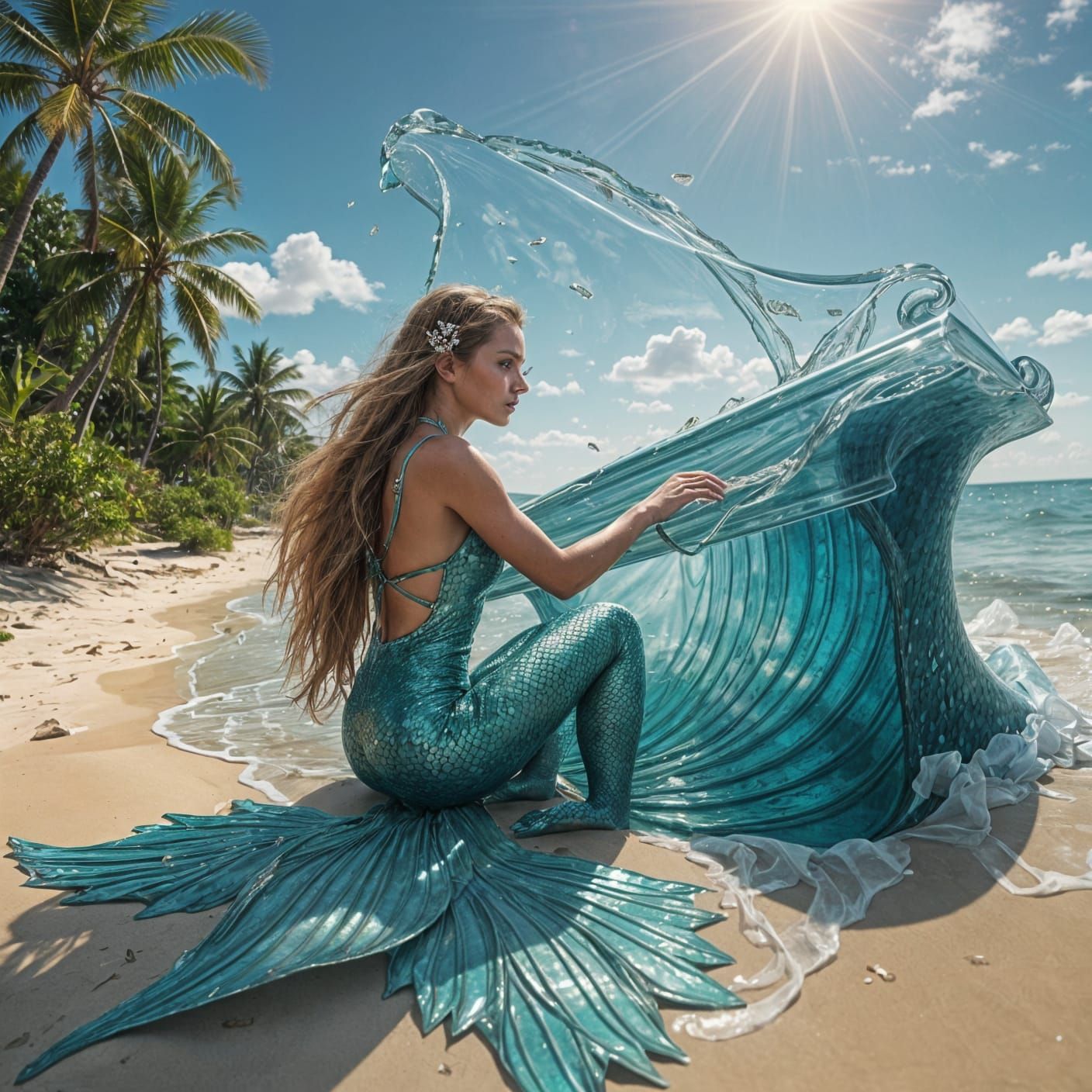 Sensual Mermaid Plays Crystal Water Piano on a Tropical Beac...