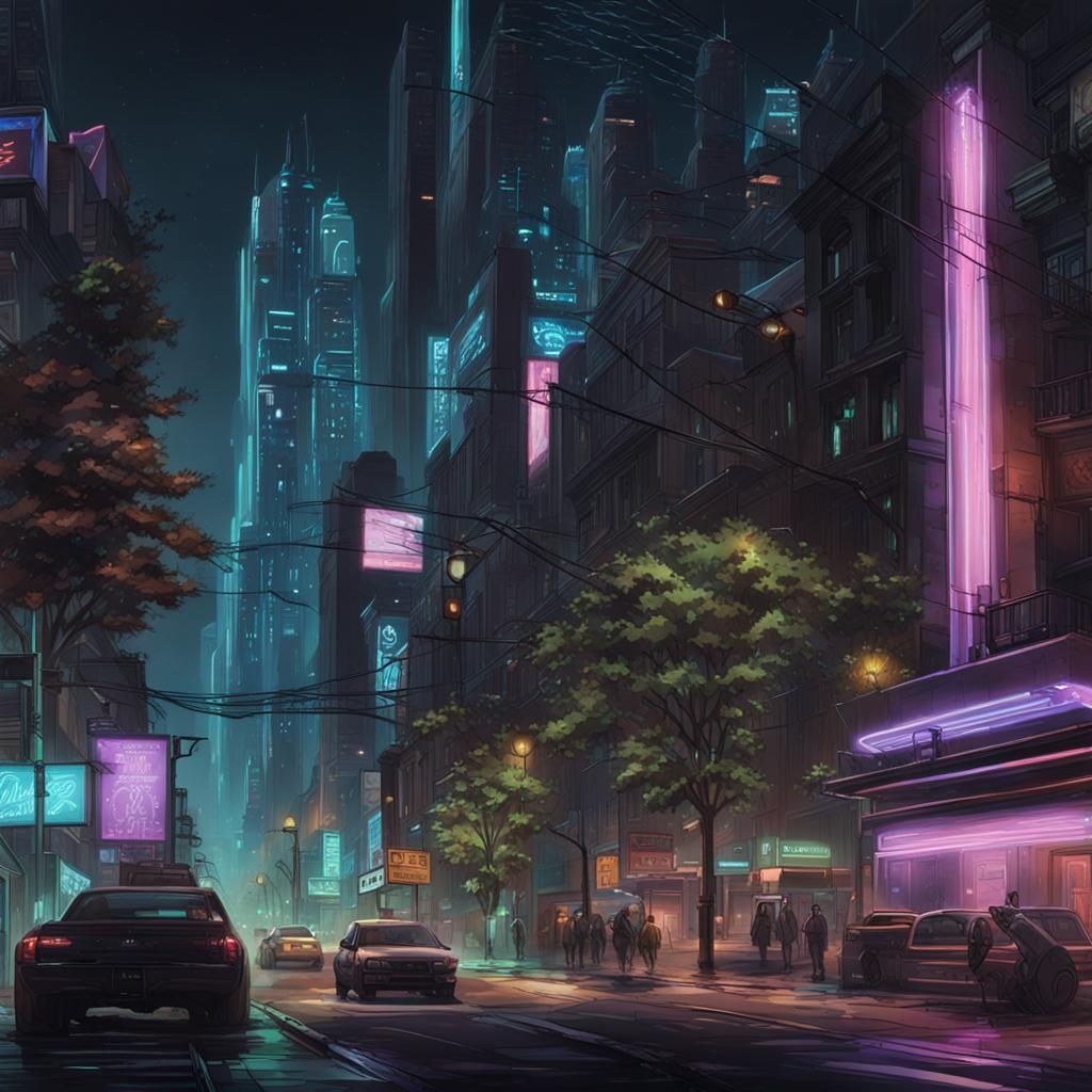 Bioluminescent Cityscape with Neon Lights and AI Robots