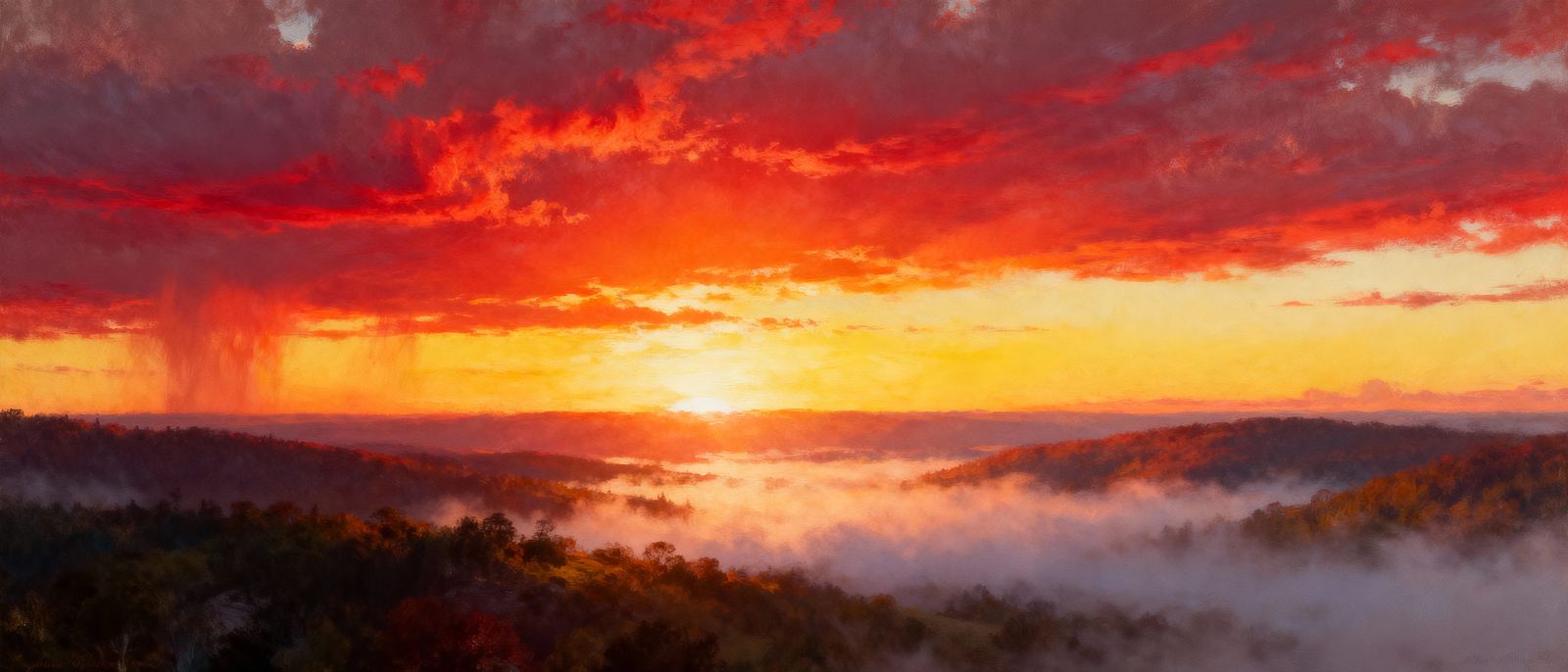 Fiery Dawn Breaks Over Misty Landscape in Digital Matte Pain...