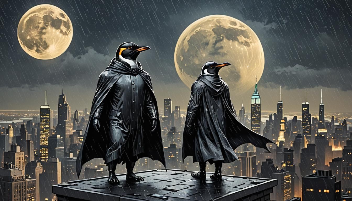 Penguin Superhero Stares Down at NYC in Comic Style