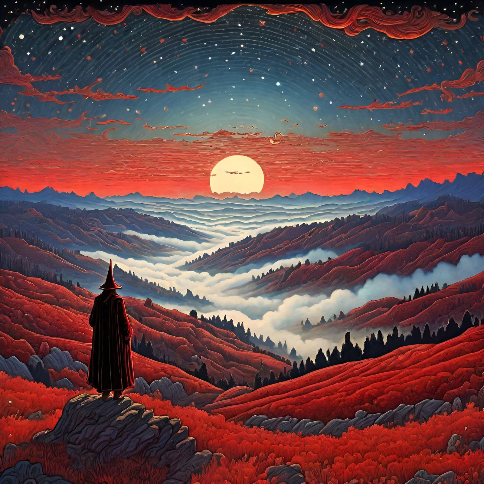 Whimsical Wanderer Above Crimson Canyons in the Night