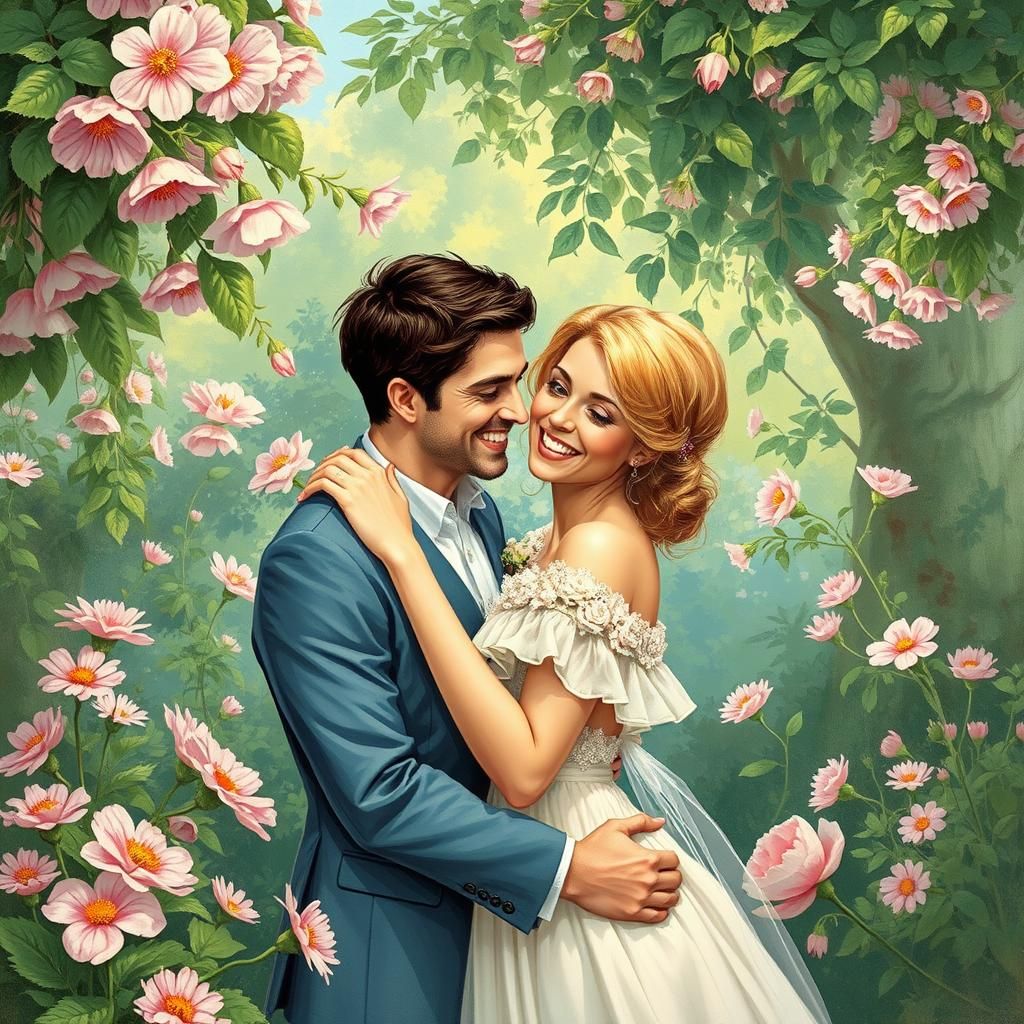 Romantic Embrace in Rococo Comic Style