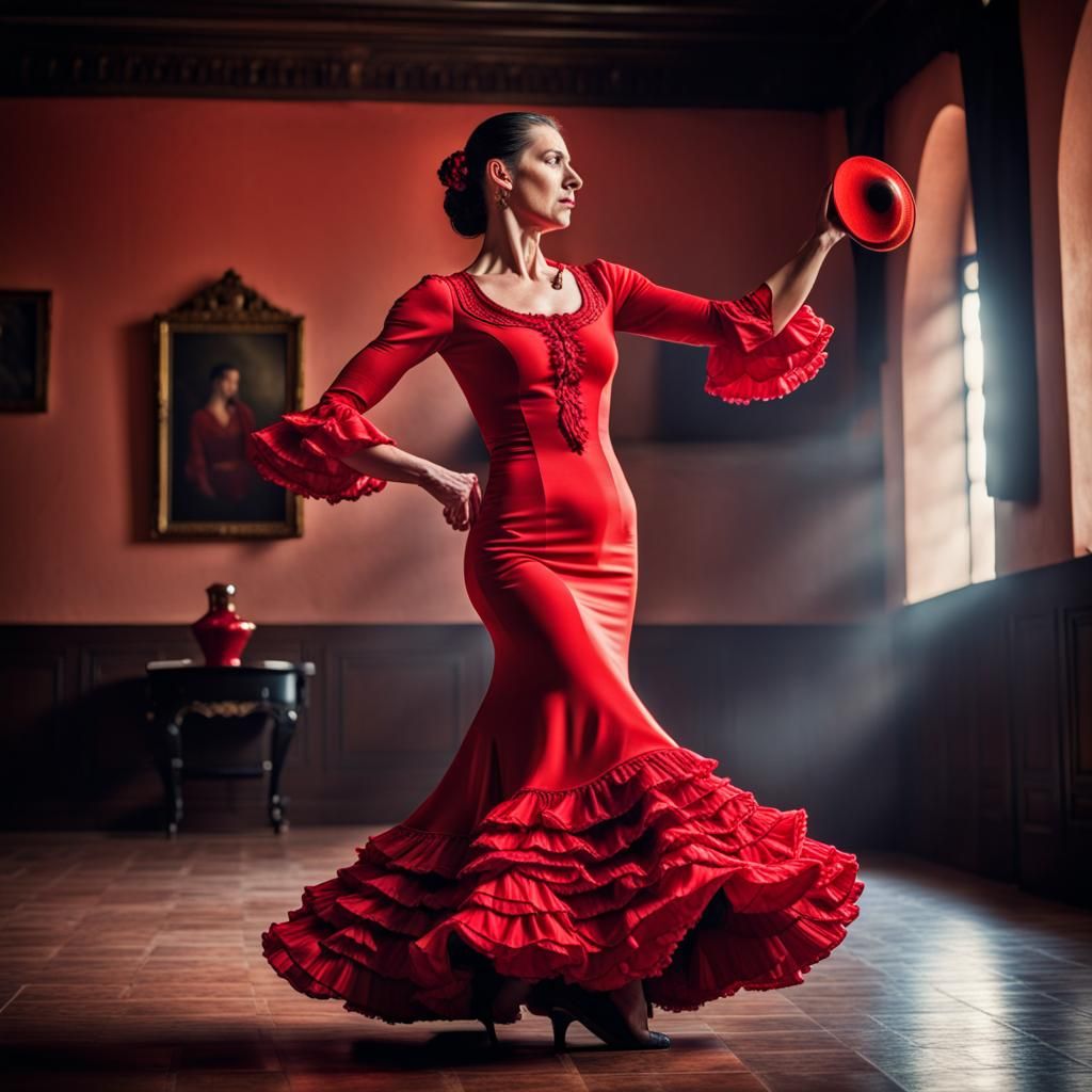 Flamenco Dancer in Red Dress with Castanets