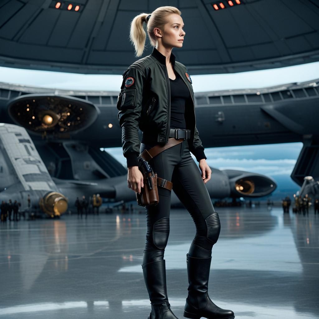 Confident Galactic Cargo Pilot in Cinematic Style