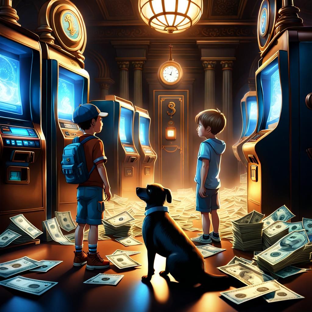 2 brothers and their dog arrive in a bank lobby where the ATMs are throwing out cash