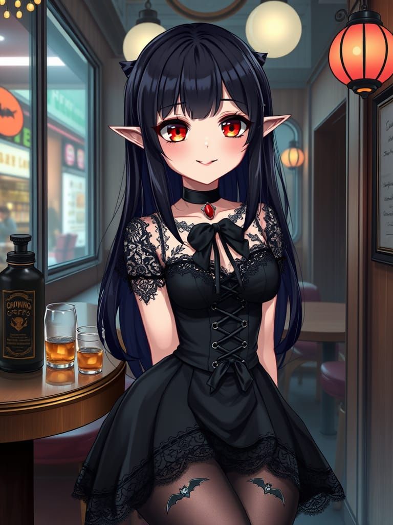 Gothic Vampire Hostess in Kawaii Hyperrealistic Style