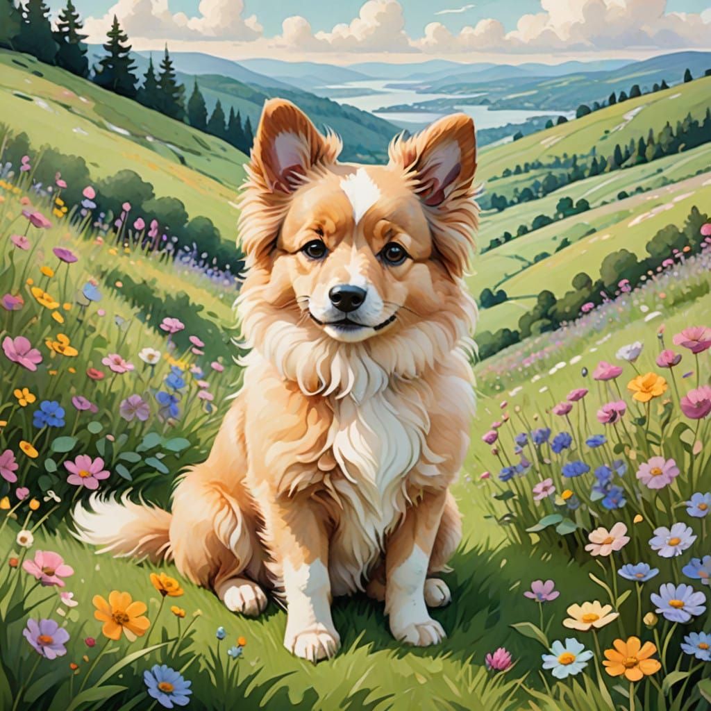 Whimsical Watercolor Dog in a Floral Meadow